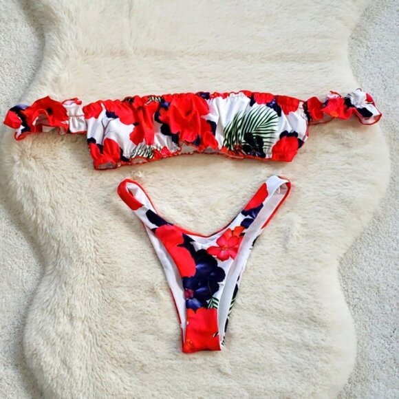 Red Flower Bandeau Off Shoulder Bikini Set Swimsuit - Picture 6 of 7